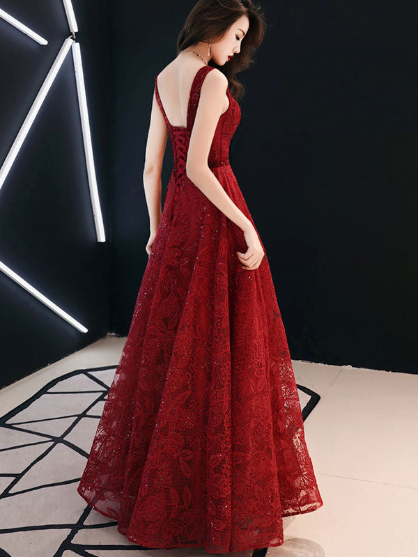 Burgundy Sequined Lace A-Line Maxi Formal Wedding Dress