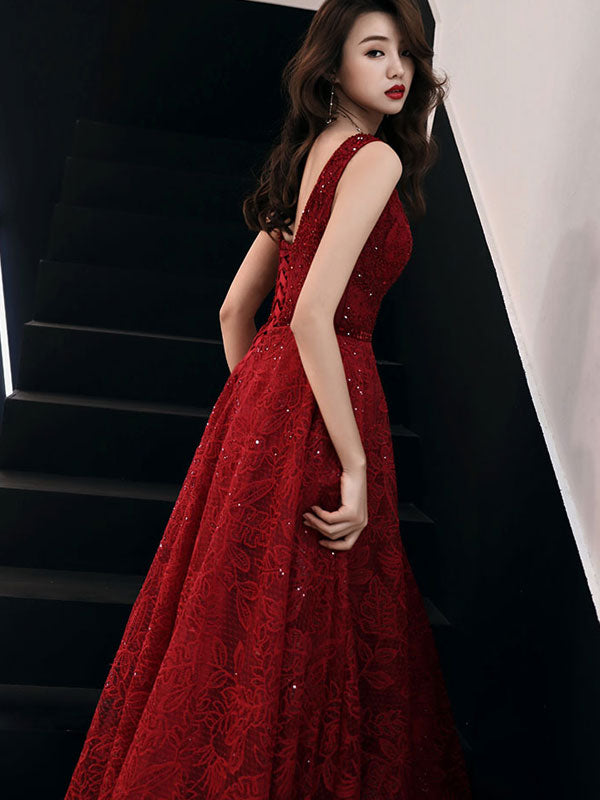 Burgundy Sequined Lace A-Line Maxi Formal Wedding Dress