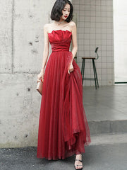 Shimmer Red Pleated Bandeau A-Line Wedding Party Dress