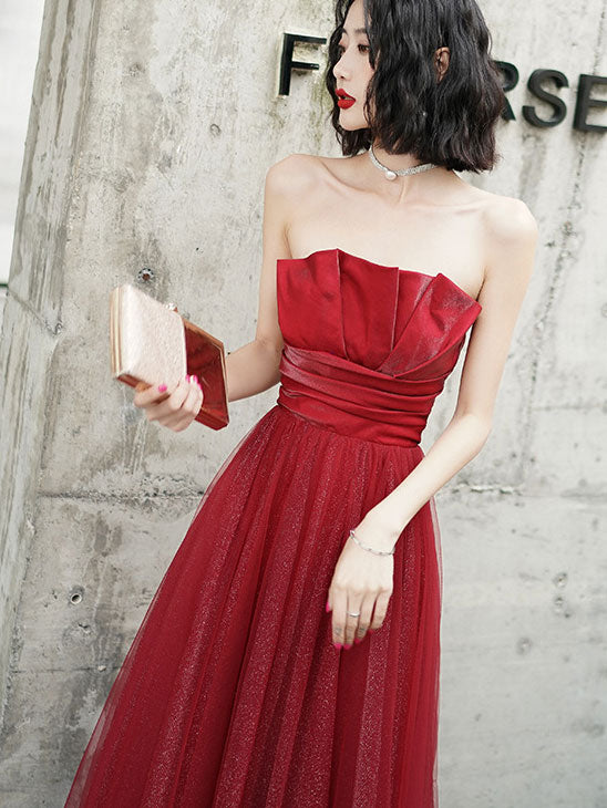 Shimmer Red Pleated Bandeau A-Line Wedding Party Dress