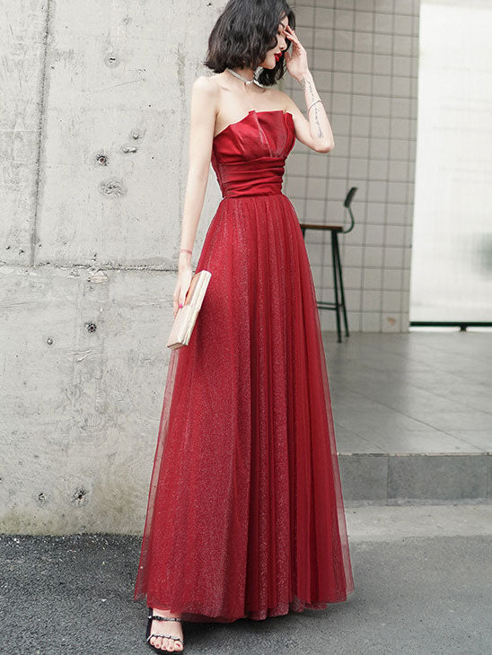 Shimmer Red Pleated Bandeau A-Line Wedding Party Dress
