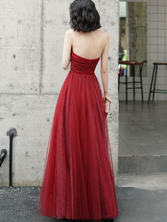 Shimmer Red Pleated Bandeau A-Line Wedding Party Dress