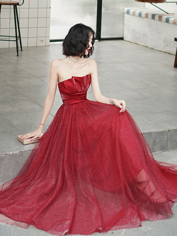 Shimmer Red Pleated Bandeau A-Line Wedding Party Dress