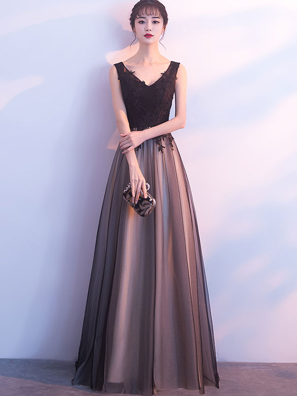 Black A-Line Floor Length Tulle Evening Formal Dress