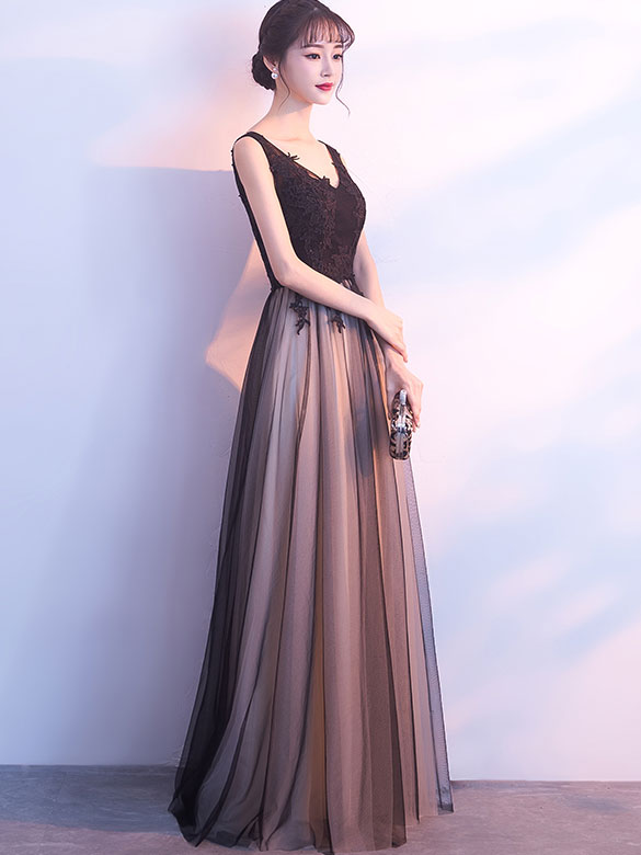 Black A-Line Floor Length Tulle Evening Formal Dress