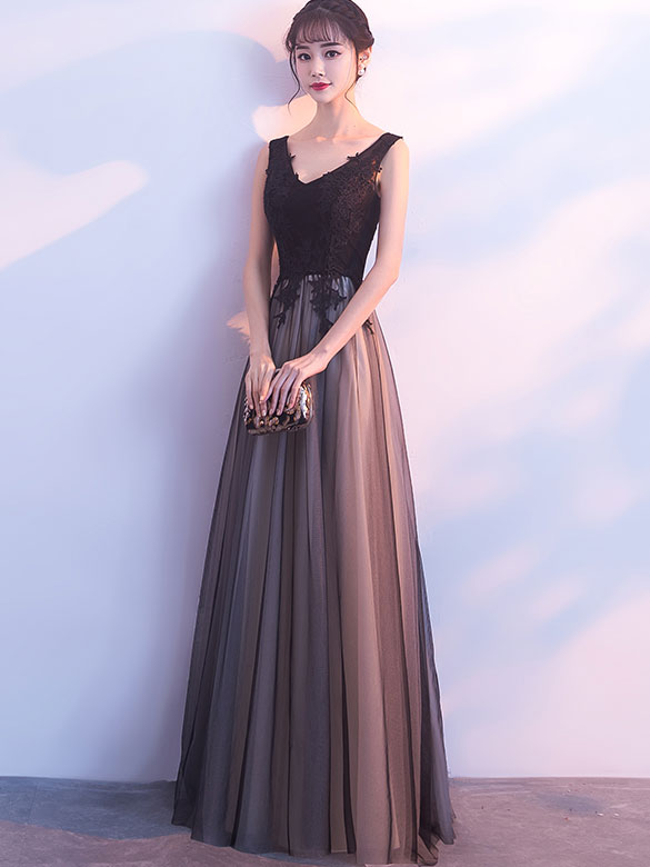 Black A-Line Floor Length Tulle Evening Formal Dress