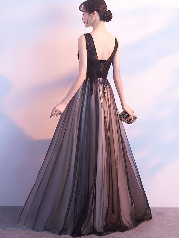 Black A-Line Floor Length Tulle Evening Formal Dress