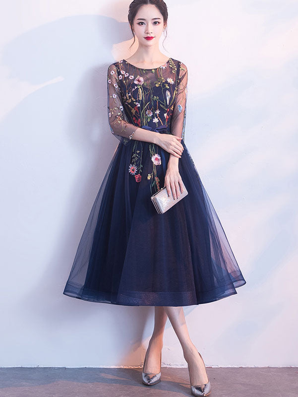 Blue A-Line Illusion Embroidered Tulle Evening Party Dress