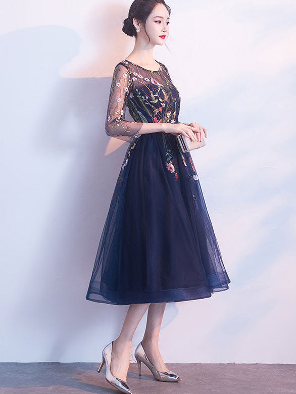 Blue A-Line Illusion Embroidered Tulle Evening Party Dress