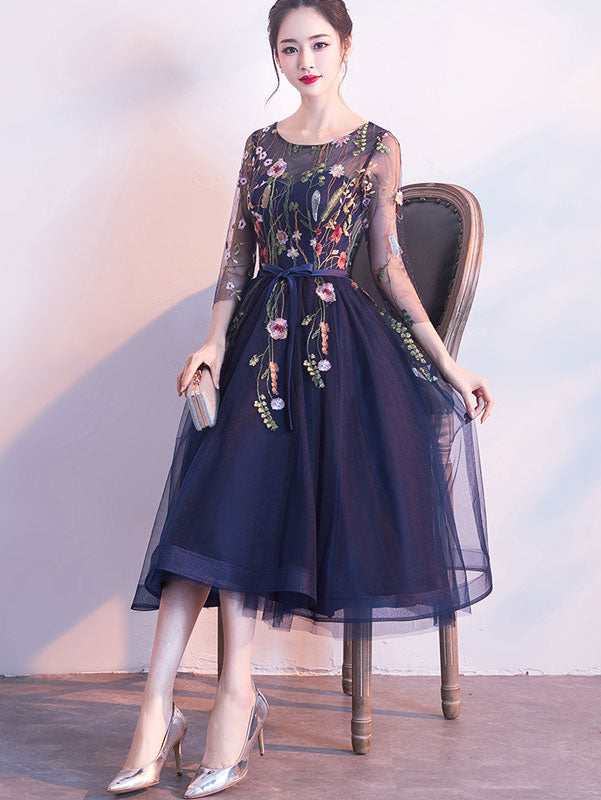 Blue A-Line Illusion Embroidered Tulle Evening Party Dress