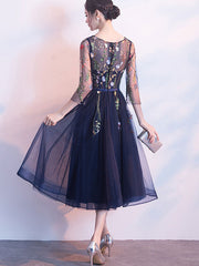 Blue A-Line Illusion Embroidered Tulle Evening Party Dress
