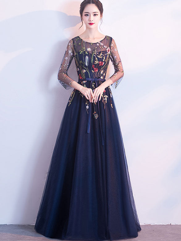 Blue A-Line Illusion Embroidered Tulle Evening Party Dress