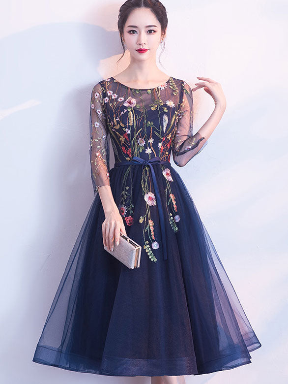Blue A-Line Illusion Embroidered Tulle Evening Party Dress