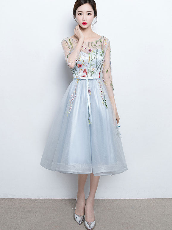 Beige Gray A-Line Illusion Embroidered Tulle Bridesmaids Dress