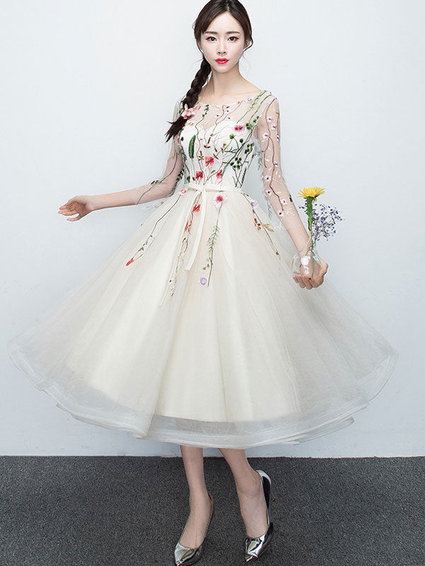 Beige Gray A-Line Illusion Embroidered Tulle Bridesmaids Dress