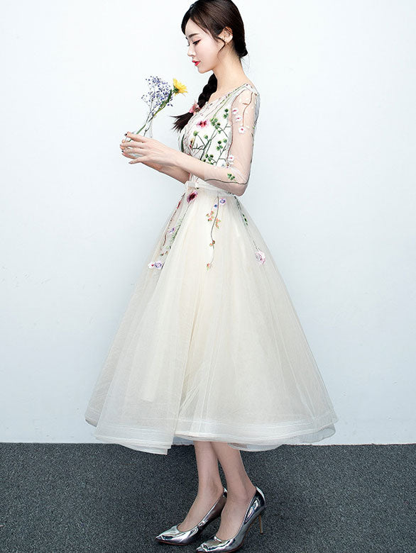 Beige Gray A-Line Illusion Embroidered Tulle Bridesmaids Dress