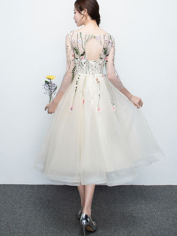 Beige Gray A-Line Illusion Embroidered Tulle Bridesmaids Dress