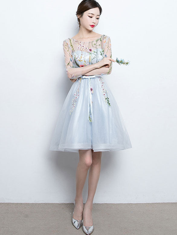 Beige Gray A-Line Illusion Embroidered Tulle Bridesmaids Dress