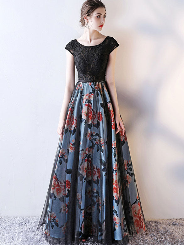 Floral A-Line Floor Length Evening Prom Dress