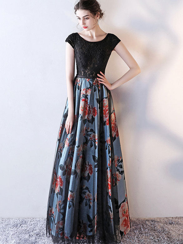 Floral A-Line Floor Length Evening Prom Dress