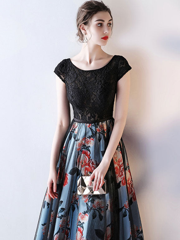 Floral A-Line Floor Length Evening Prom Dress