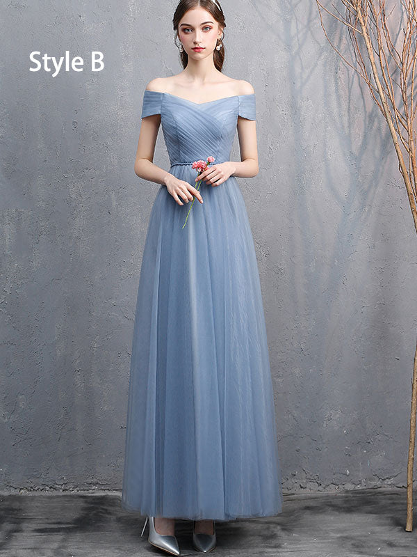 Blue Bridesmaid Full Length Tulle Wedding Prom Dress