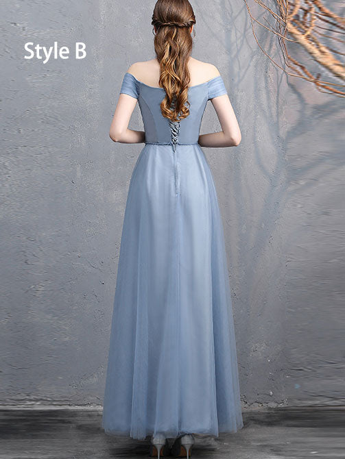 Blue Bridesmaid Full Length Tulle Wedding Prom Dress