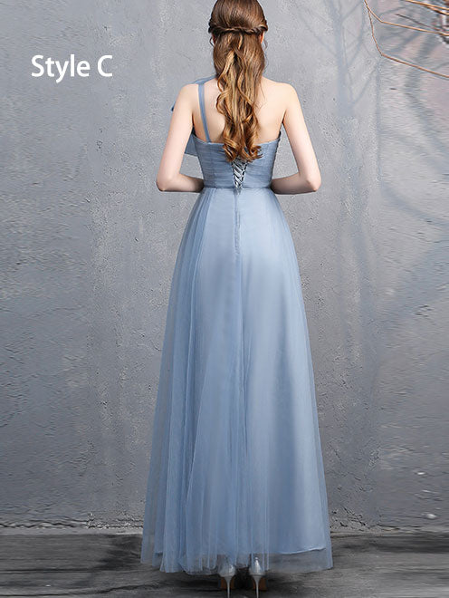 Blue Bridesmaid Full Length Tulle Wedding Prom Dress
