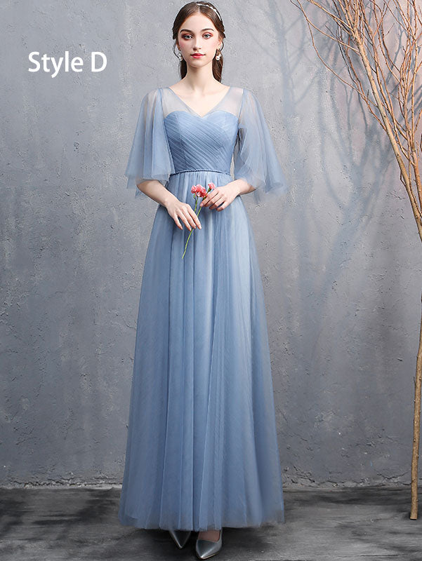 Blue Bridesmaid Full Length Tulle Wedding Prom Dress