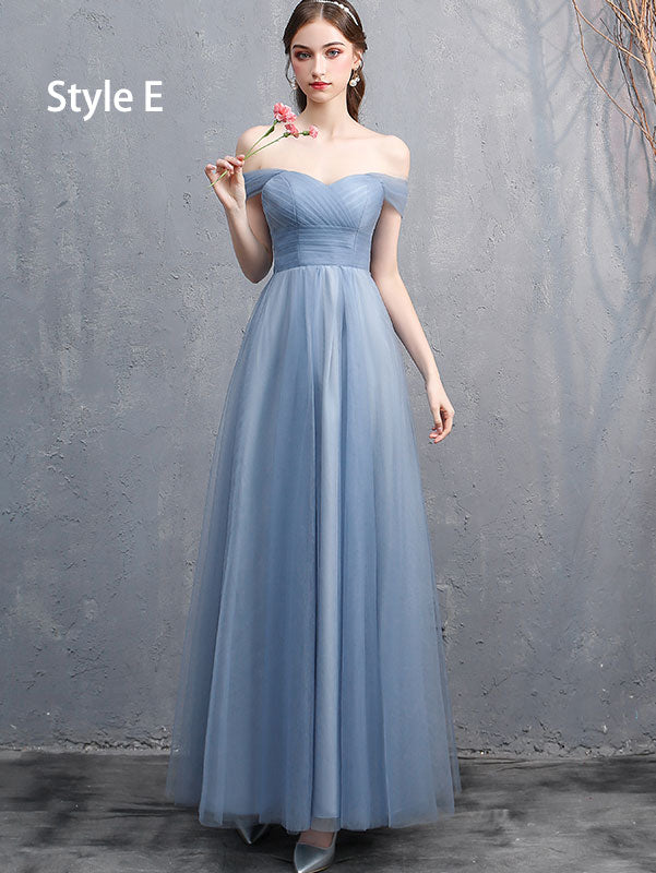 Blue Bridesmaid Full Length Tulle Wedding Prom Dress