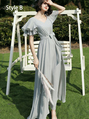 Gray Bridesmaid Ankle Length A-Line Wedding Prom Dress