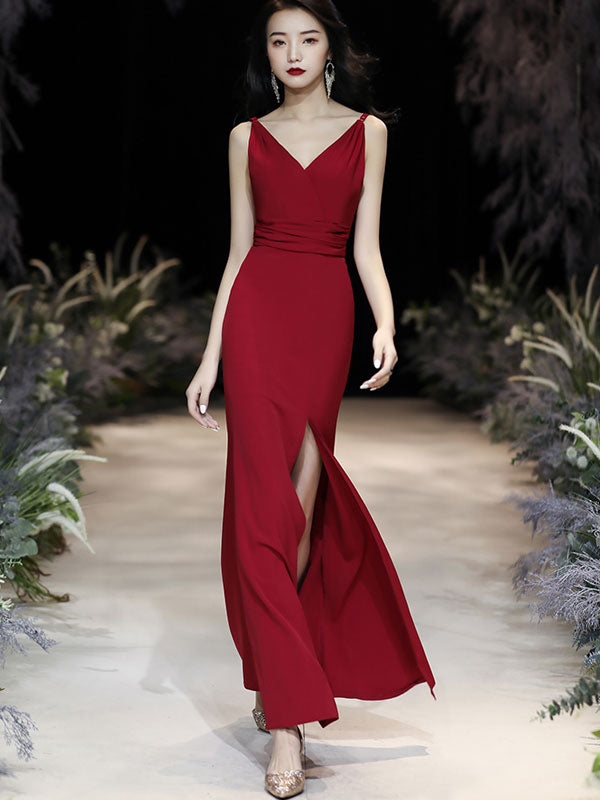 Wine Red V-Neck Slip Thigh Slip Wedding Prom Dress