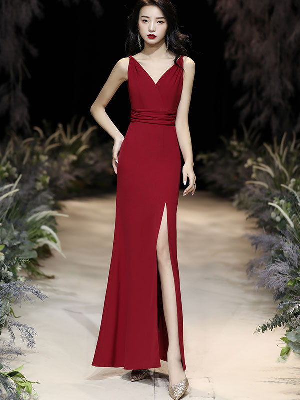 Wine Red V-Neck Slip Thigh Slip Wedding Prom Dress