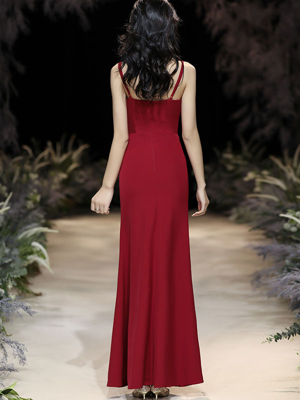 Wine Red V-Neck Slip Thigh Slip Wedding Prom Dress