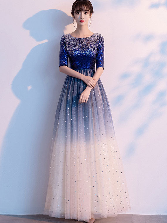 Gradient Colorblocked Floor Length Tulle Evening Prom Dress