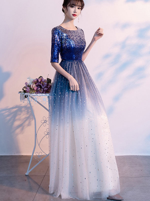 Gradient Colorblocked Floor Length Tulle Evening Prom Dress