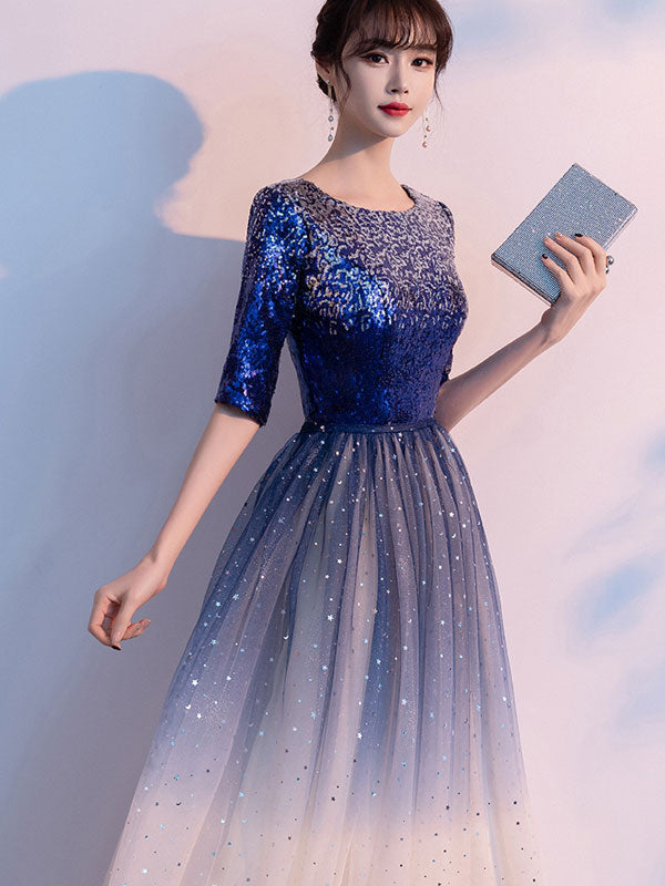Gradient Colorblocked Floor Length Tulle Evening Prom Dress