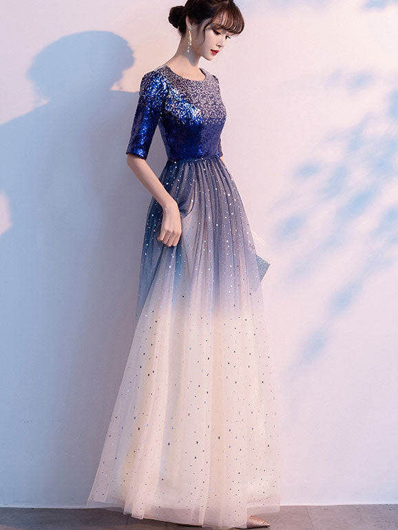 Gradient Colorblocked Floor Length Tulle Evening Prom Dress