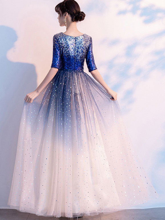 Gradient Colorblocked Floor Length Tulle Evening Prom Dress