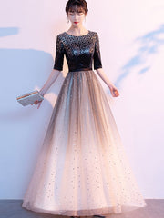 Gradient Colorblocked Floor Length Tulle Evening Prom Dress