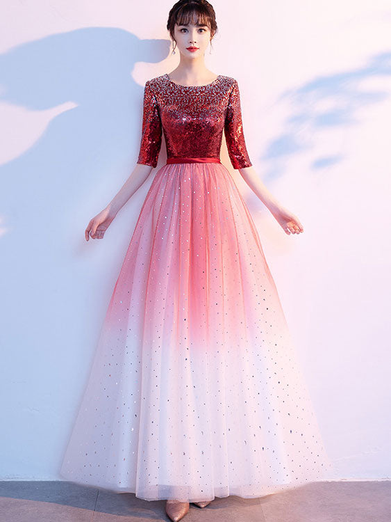 Gradient Colorblocked Floor Length Tulle Evening Prom Dress