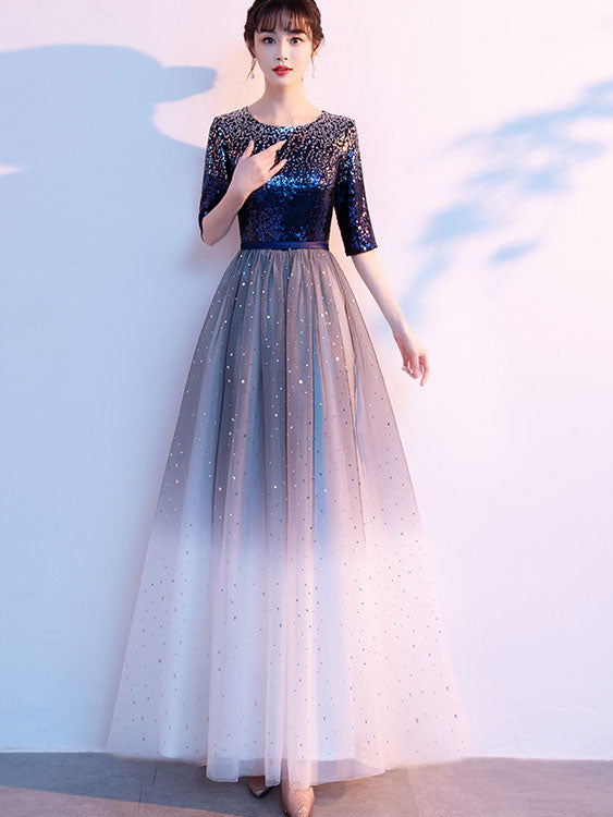 Gradient Colorblocked Floor Length Tulle Evening Prom Dress