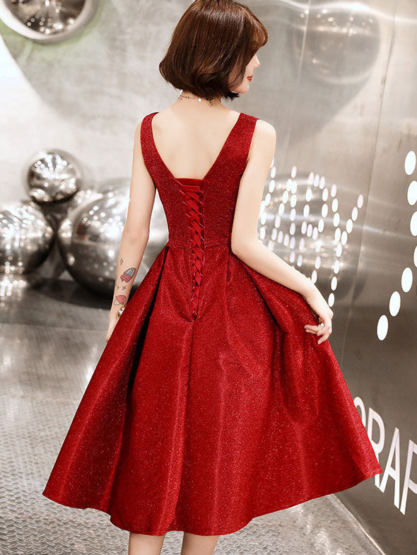 Shimmer Wine Red Fit & Flare Wedding Party Dress