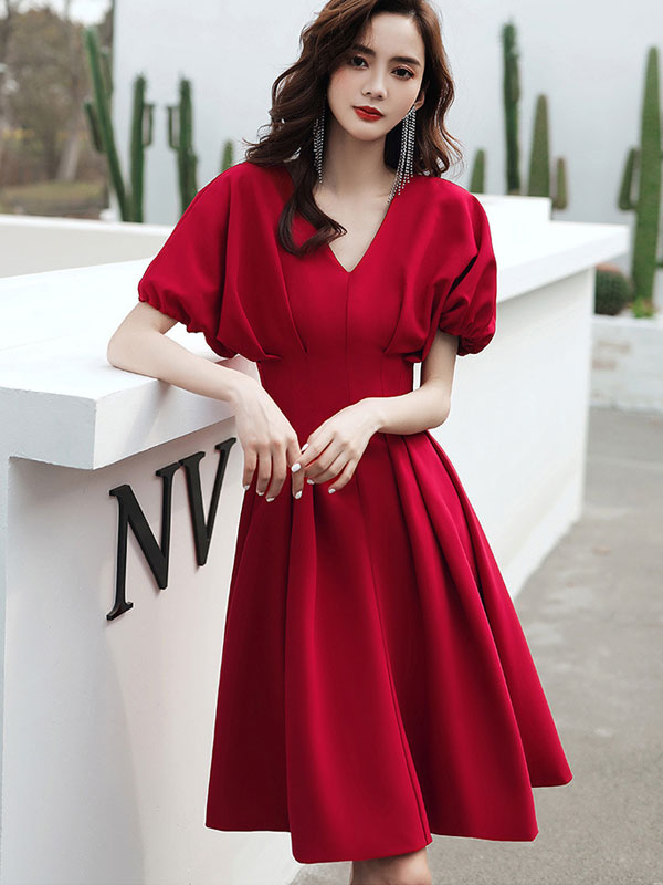 V-Neck Fit & Flare Dress with Frill Sleeve