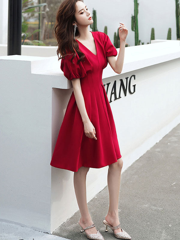 V-Neck Fit & Flare Dress with Frill Sleeve
