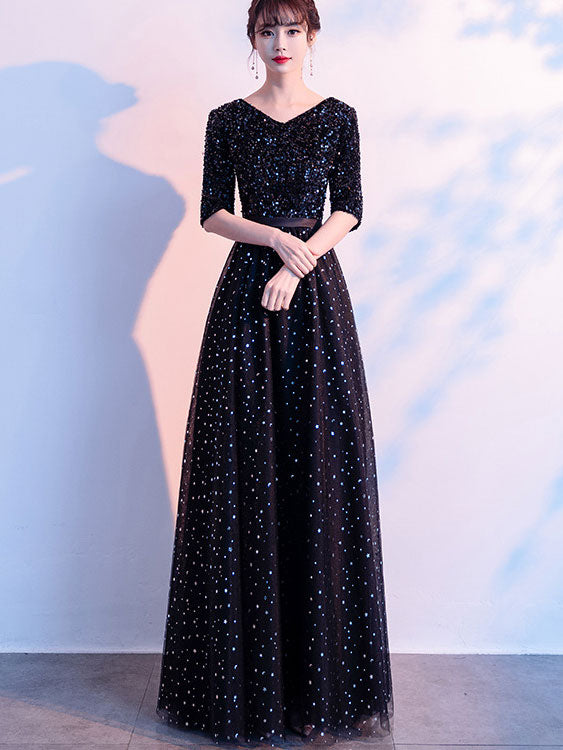 Shimmer Fit & Flare Tulle V-neck Prom Dress