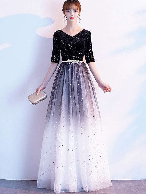 Gradient Black Floor Mid Tulle Evening Prom Dress