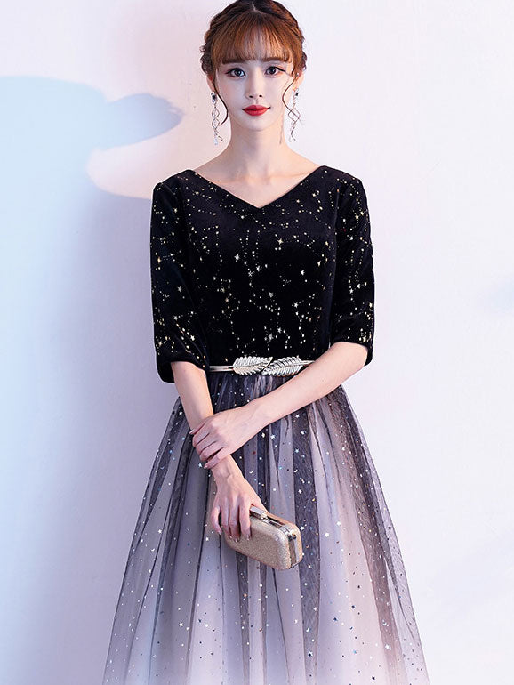 Gradient Black Floor Mid Tulle Evening Prom Dress