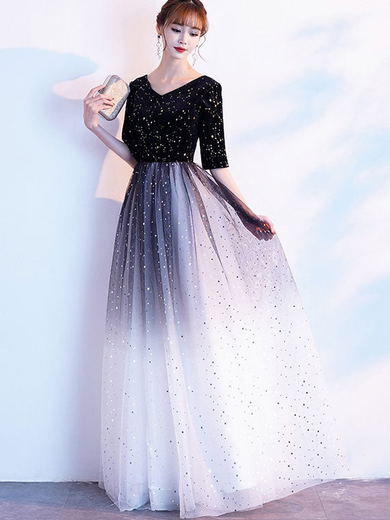 Gradient Black Floor Mid Tulle Evening Prom Dress