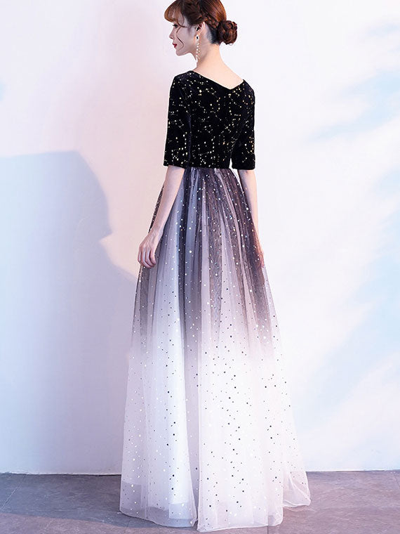 Gradient Black Floor Mid Tulle Evening Prom Dress